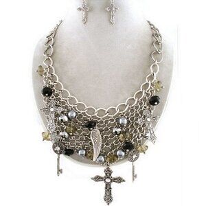 Womens Crystal Cross Bib Key Charm Mesh Necklace Chunky Chains Angel Wing Set